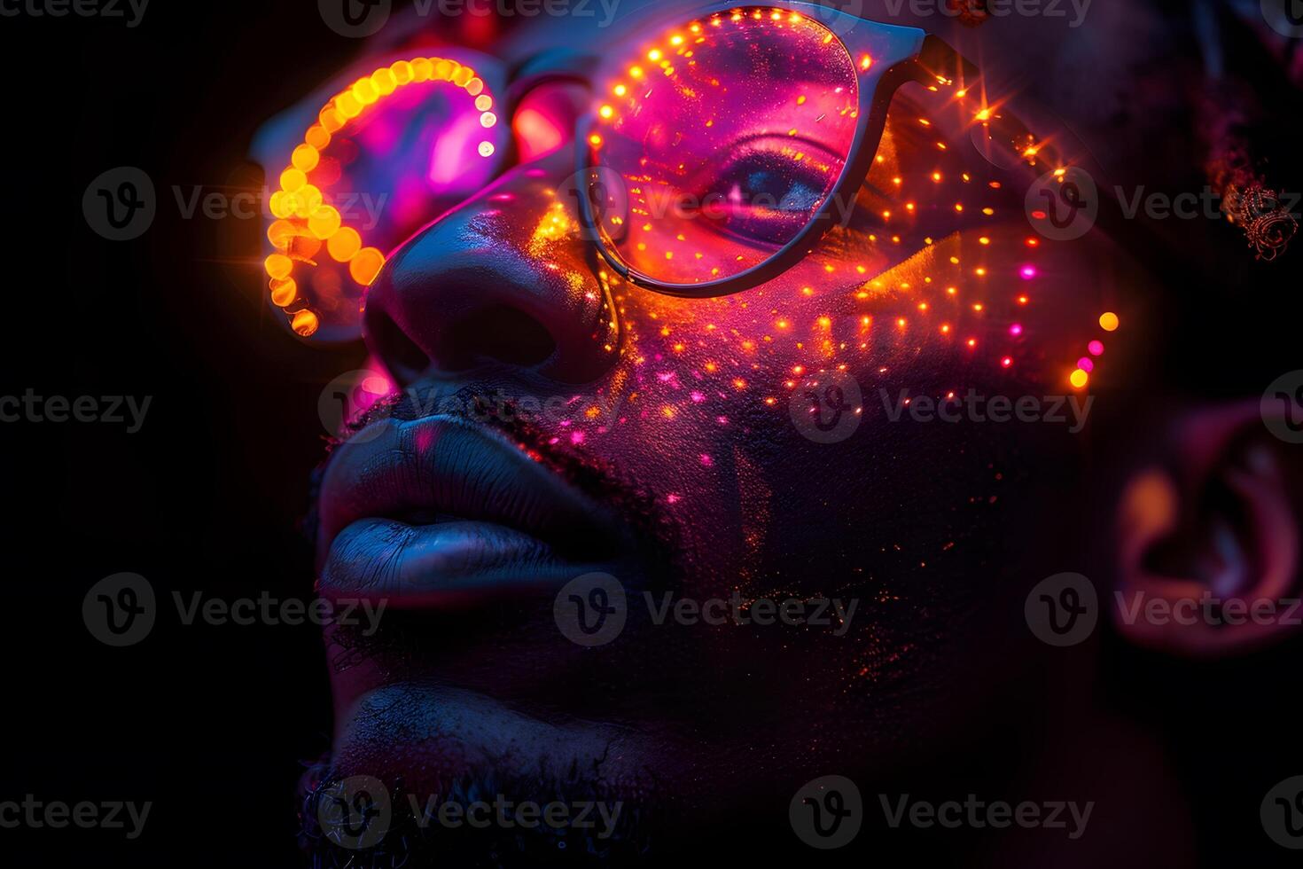 Futuristic Portrait with Neon Lights Reflection - Perfect for Tech-Themed Designs, Posters, and Digital Artwork photo
