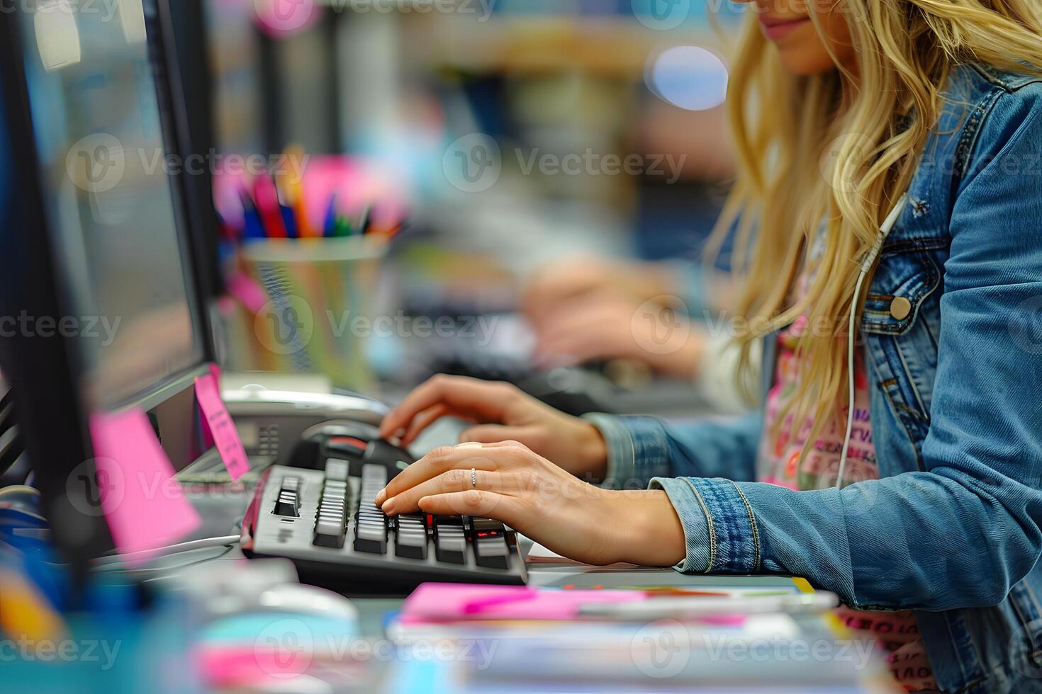 Workplace Productivity Hands Typing on Keyboard in a Busy Office Setting photo