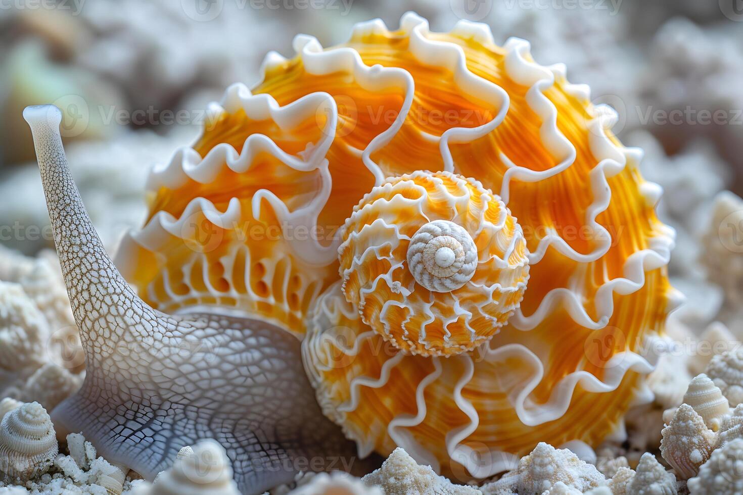 Detailed Close-up of Vibrant Marine Sea Snail Shell on Coral for Nature Photography and Print Design photo