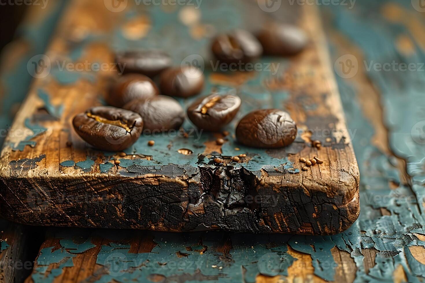 Rustic Coffee Beans on Weathered Wooden Cutting Board - Vintage Food Photography for Rustic Themed Designs photo