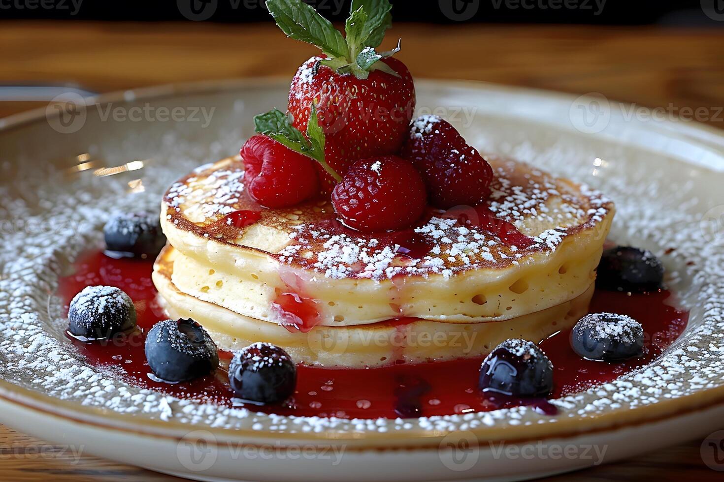 Stack of Pancakes with Fresh Berries and Powdered Sugar - Perfect for Breakfast Menus and Food Blogs photo