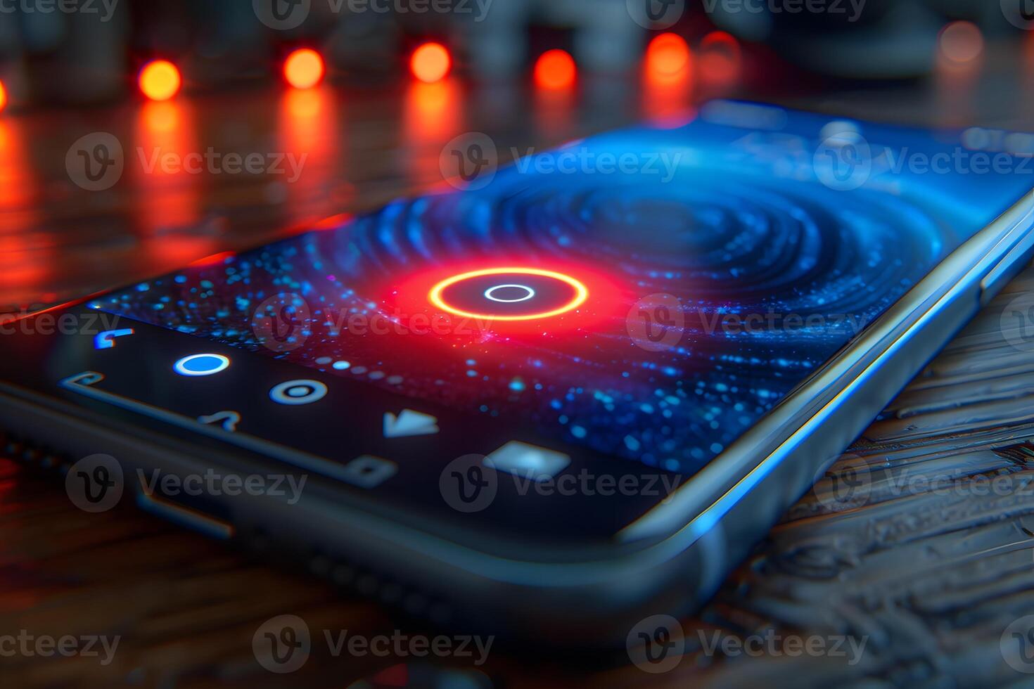 Futuristic Smartphone Interface with Glowing Red and Blue Circular Patterns for Technology and Digital Innovation Concepts photo