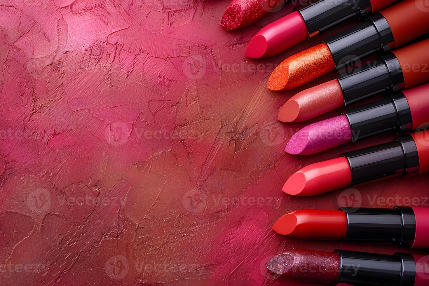 Vibrant Collection of Red and Pink Lipsticks on Textured Background for Beauty and Makeup Designs photo