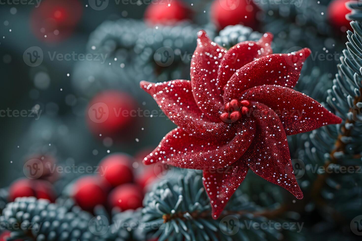 Christmas Holiday Poinsettia Flower with Snowflakes on Pine Tree Branch - Festive Winter Scene photo