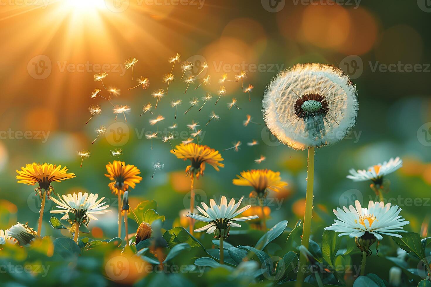 Spring Nature Scene with Dandelions and Daisies in Evening Sunlight - Ideal for Poster, Card, or Print Design photo