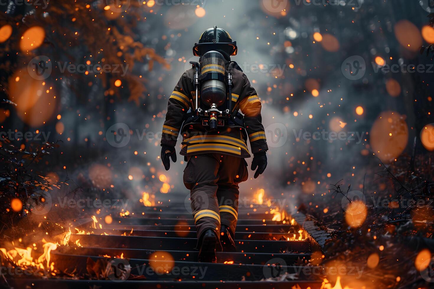 Heroic Firefighter Walking Through Flames in Forest Courage, Rescue, Firefighting Concept for Posters and Articles photo