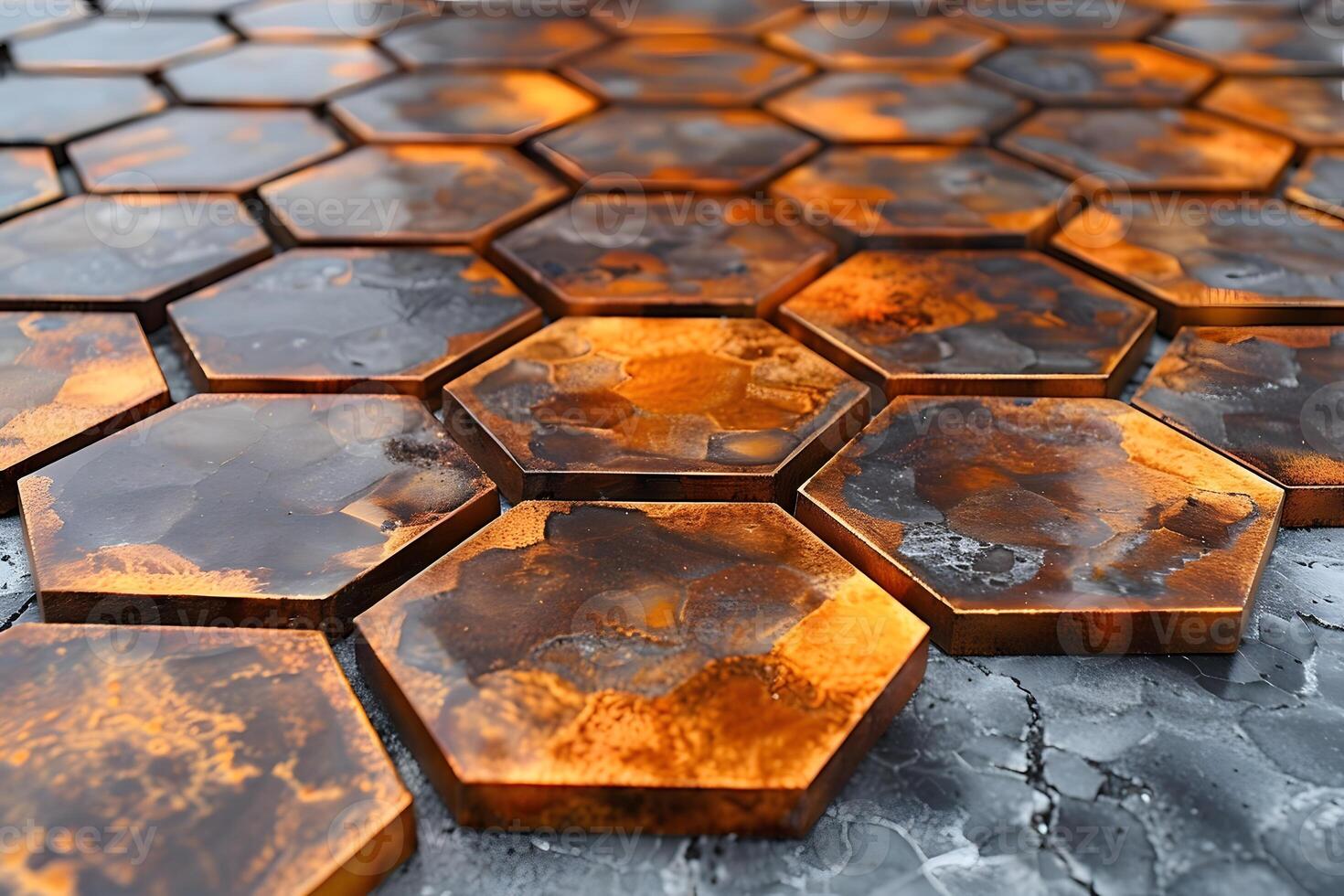 Geometric Hexagonal Tiles with Copper and Rust Texture for Modern Industrial Design and Interiors photo