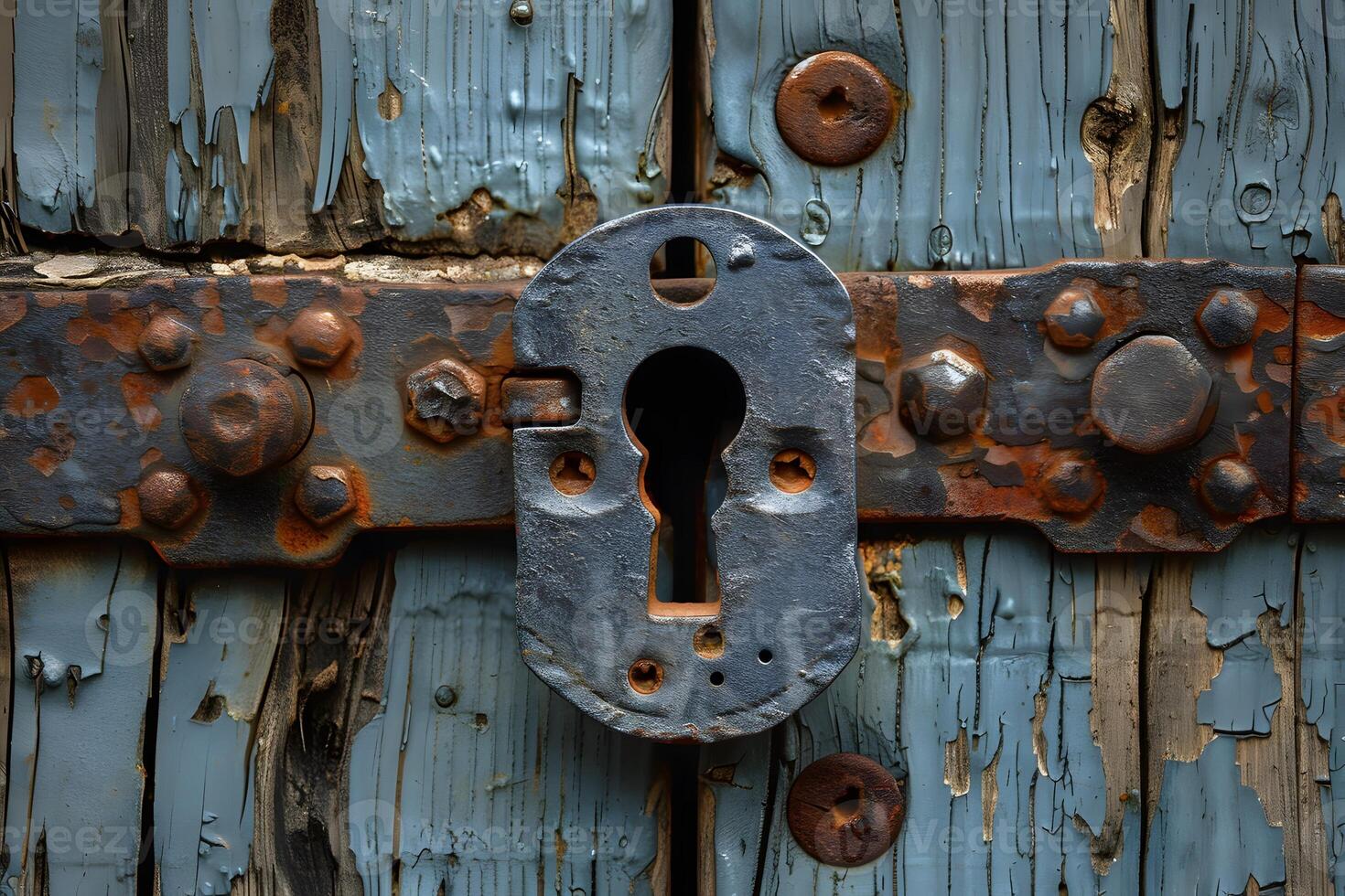 Weathered Wooden Door with Rusty Lock Close-Up - Antique, Rustic, Textured Background for Design photo