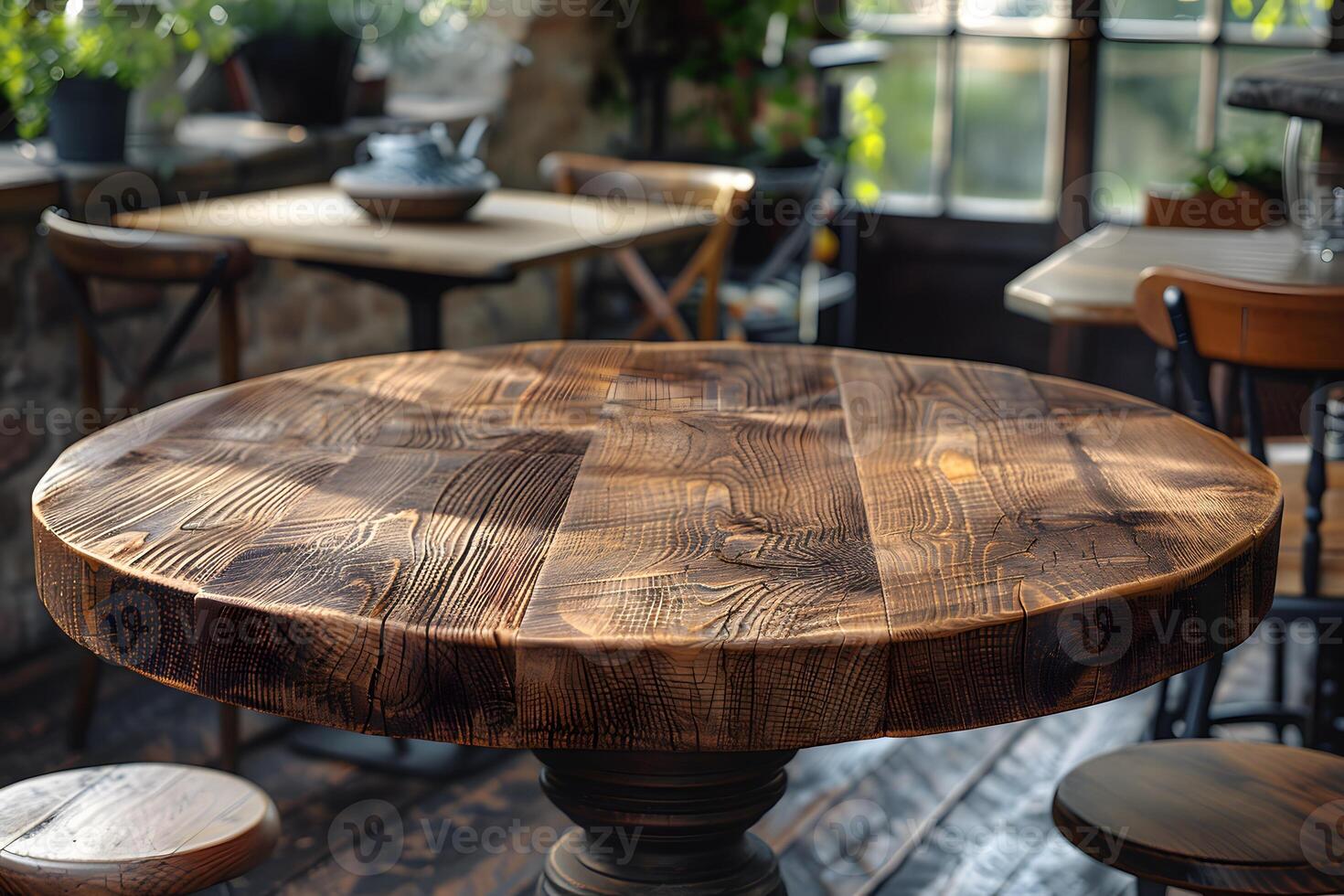 Rustic Wooden Table in Sunlit Cafe Interior - Ideal for Decorative Arts, Design, and Print photo