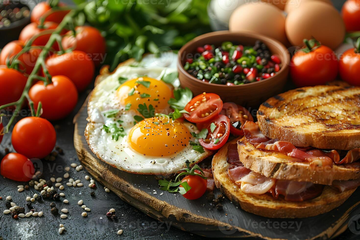 Delicious Breakfast with Fried Eggs, Toast, Bacon, Fresh Tomatoes, and Mixed Peppers - Perfect for Food Photography and Culinary Design photo