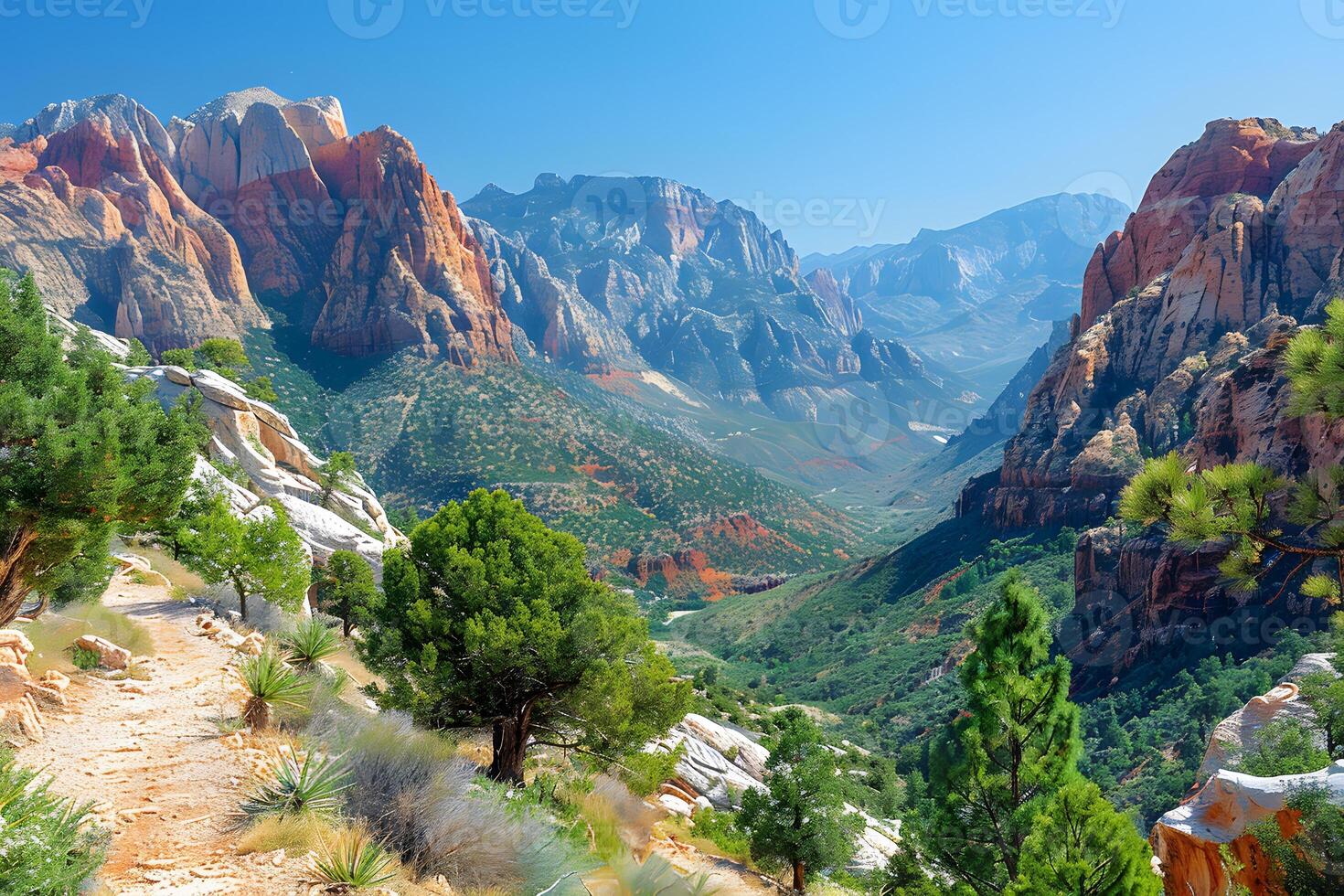 Stunning Landscape of Zion National Park with Dramatic Cliffs and Scenic Hiking Trail photo