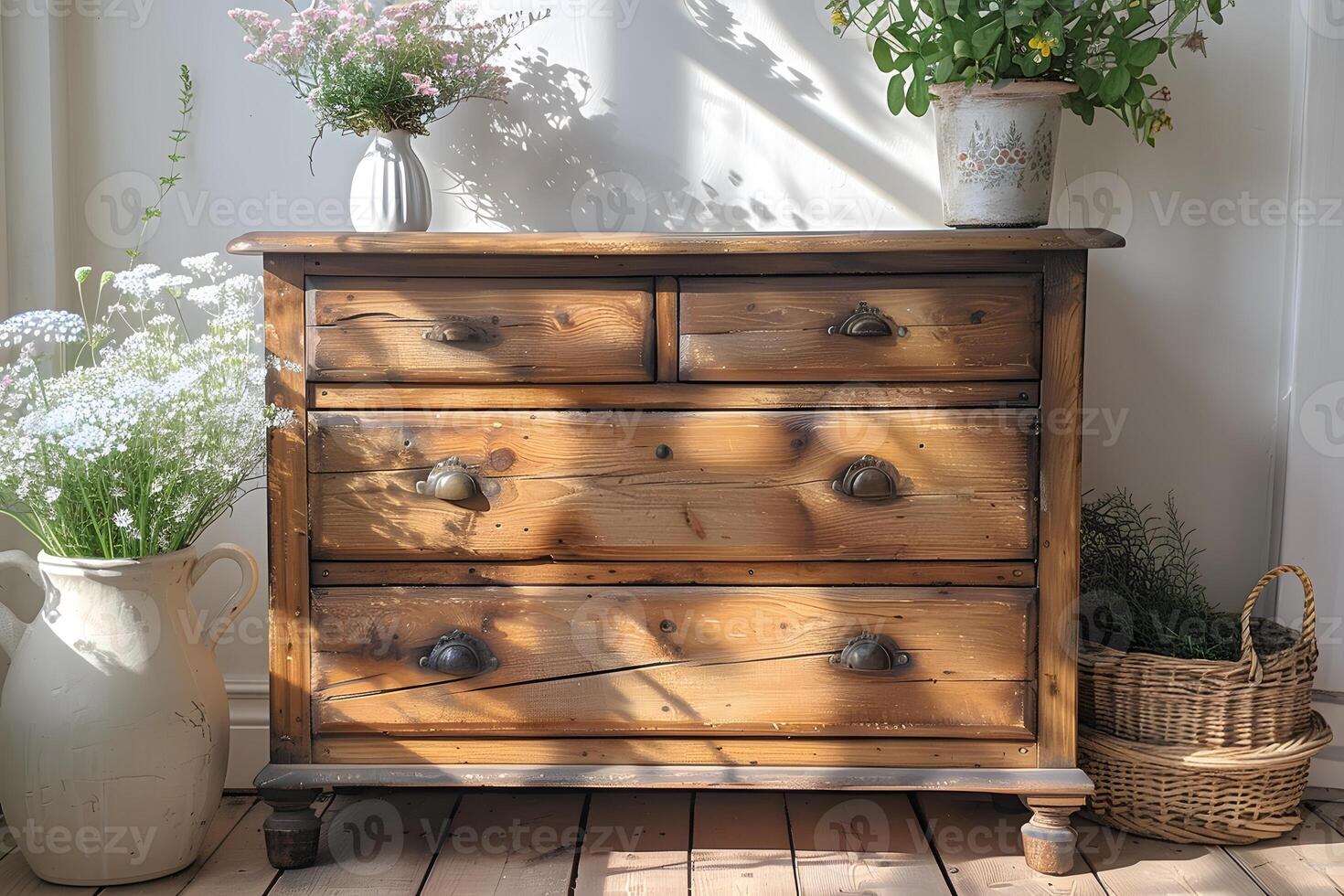 Rustic Wooden Dresser with Flowers in Vintage Decor Setting Ideal for Home Interior Design and Decor Inspiration photo