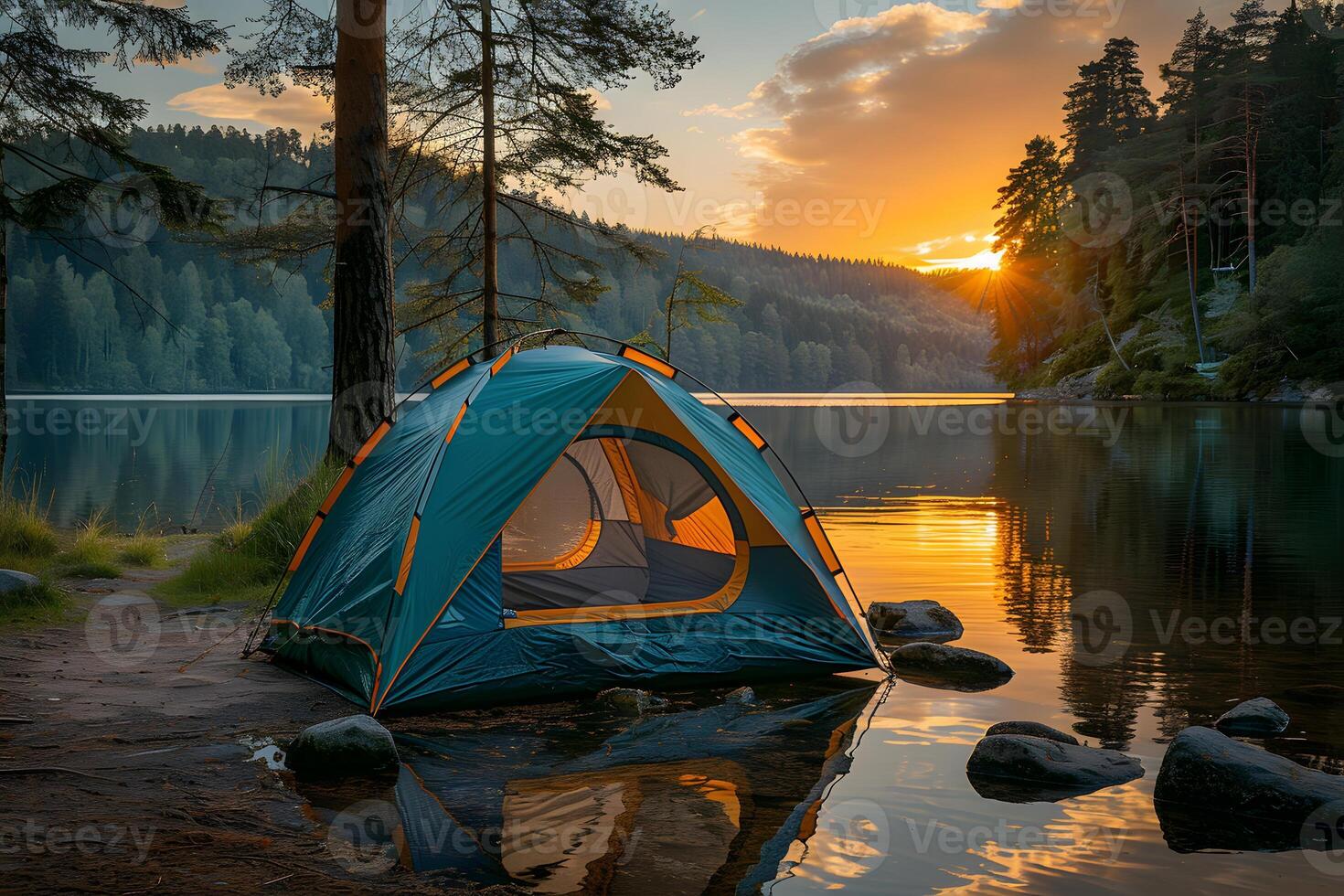 Scenic Summer Camping by the Lake at Sunset, Perfect for Outdoor Adventure and Travel Posters photo