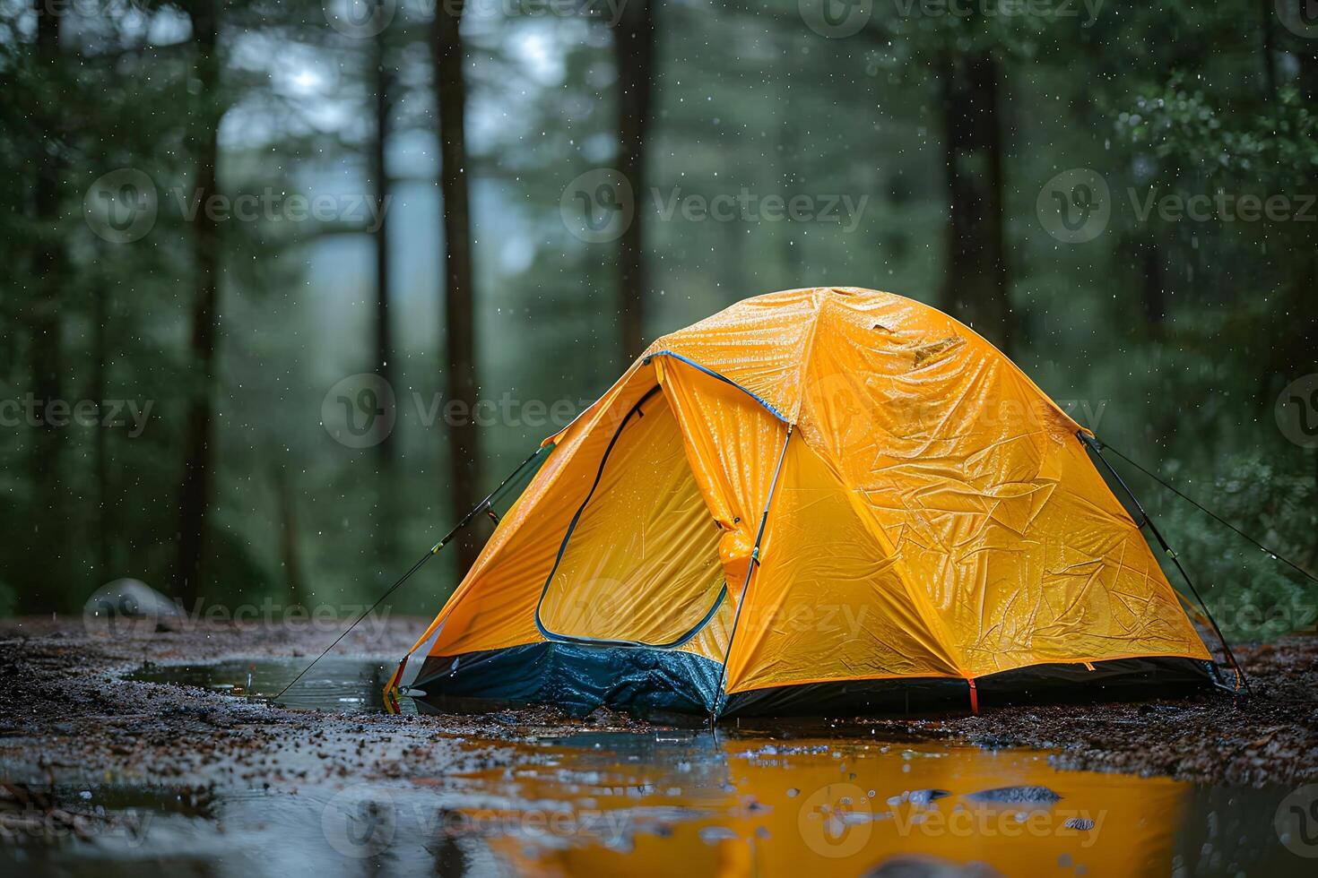Rainy Camping Adventure in Forest - Yellow Tent in Wet Weather - Nature Excursion Photography photo