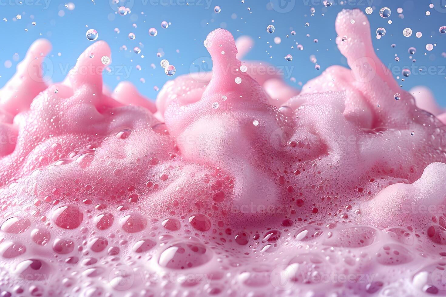 Pink Foam and Bubbles in Motion Against Blue Background Bath, Spa, and Skincare Concept photo
