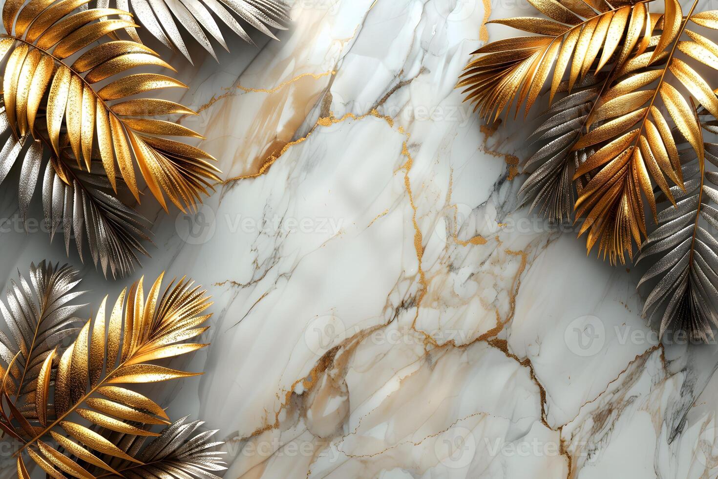 Luxurious Golden and Silver Palm Leaves on Marble Background for Elegant Design and Decor photo
