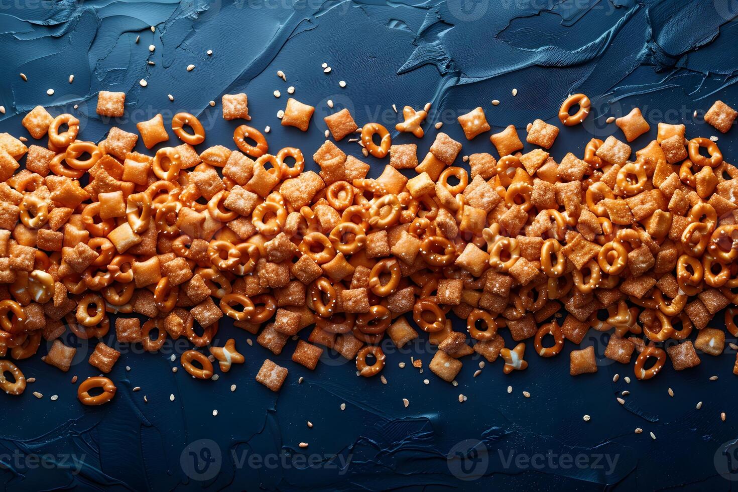 Mix of Salted Pretzels and Crispy Crackers Spread on Textured Blue Background - Snack Food Concept for Print or Poster Design photo