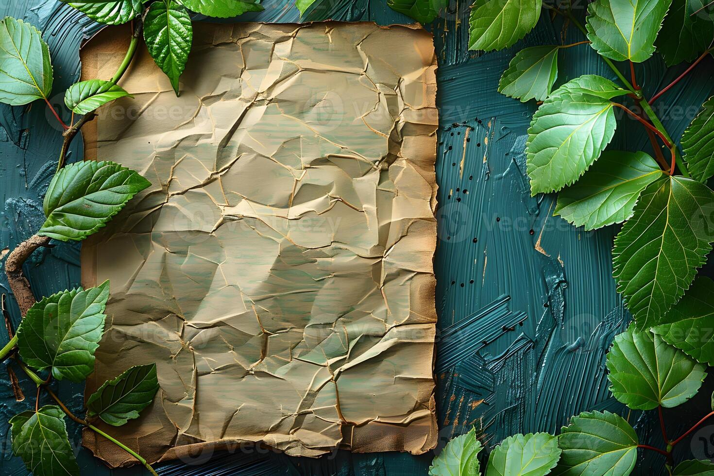 Vintage Paper on Textured Background with Green Leaves - Nature-Inspired Design for Print and Posters photo
