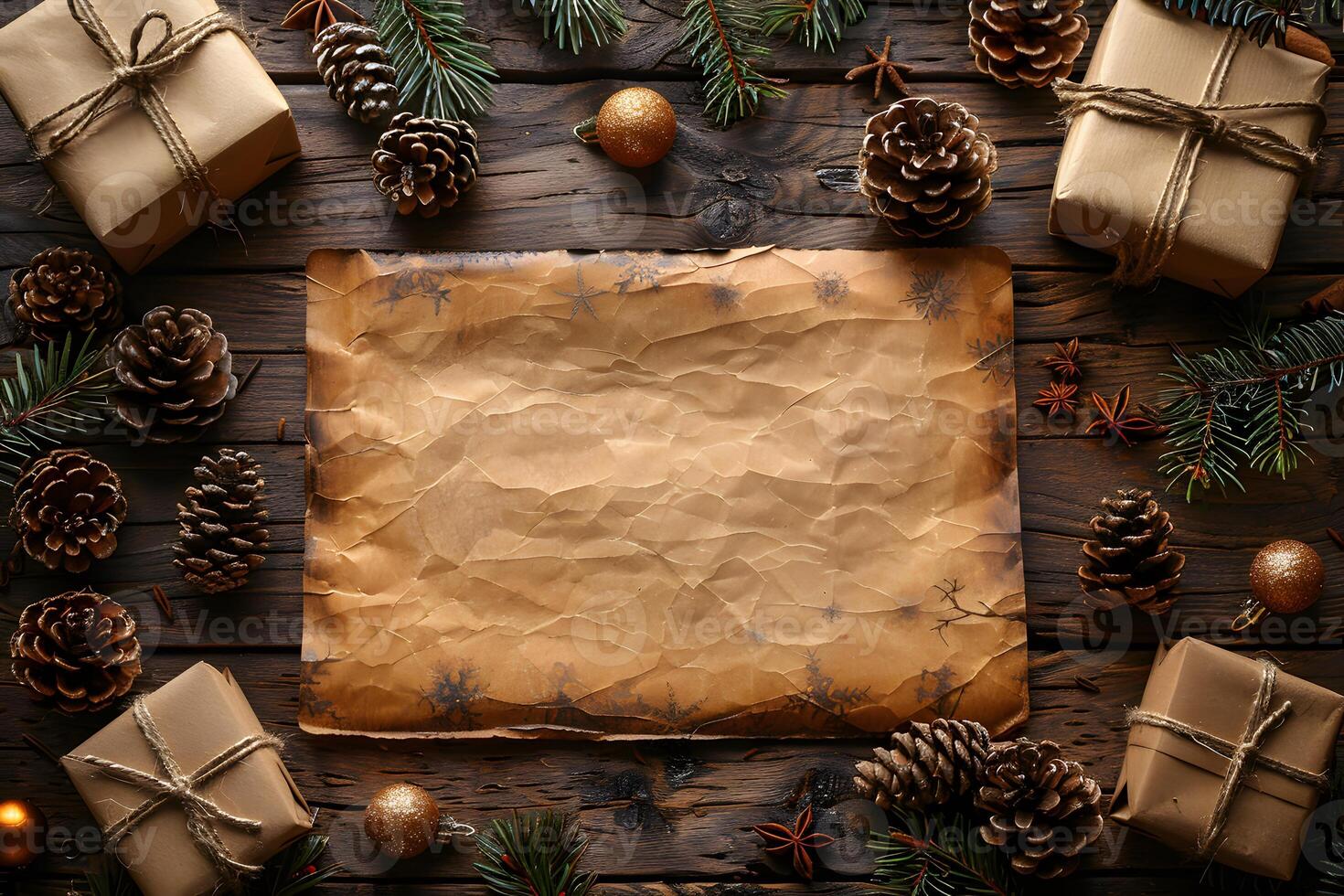 Christmas Holiday Rustic Background with Wrapped Gifts, Pine Cones, and Brown Paper for Festive Design photo