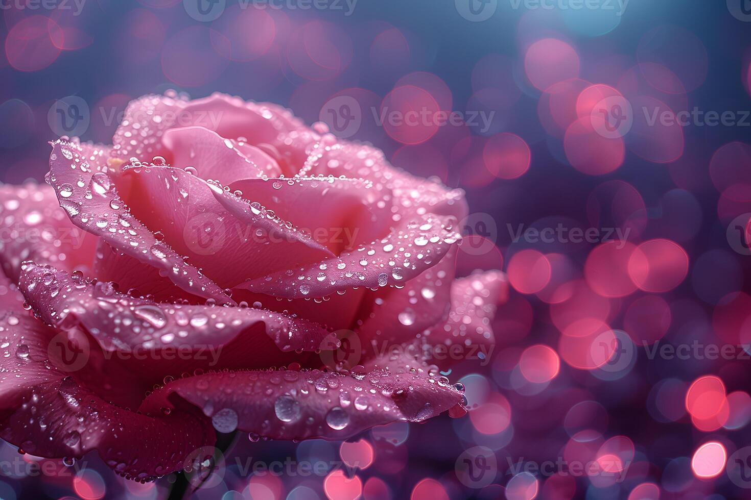 Elegant Pink Rose with Dewdrops and Bokeh Lights Perfect for Greeting Cards, Posters, and Print photo