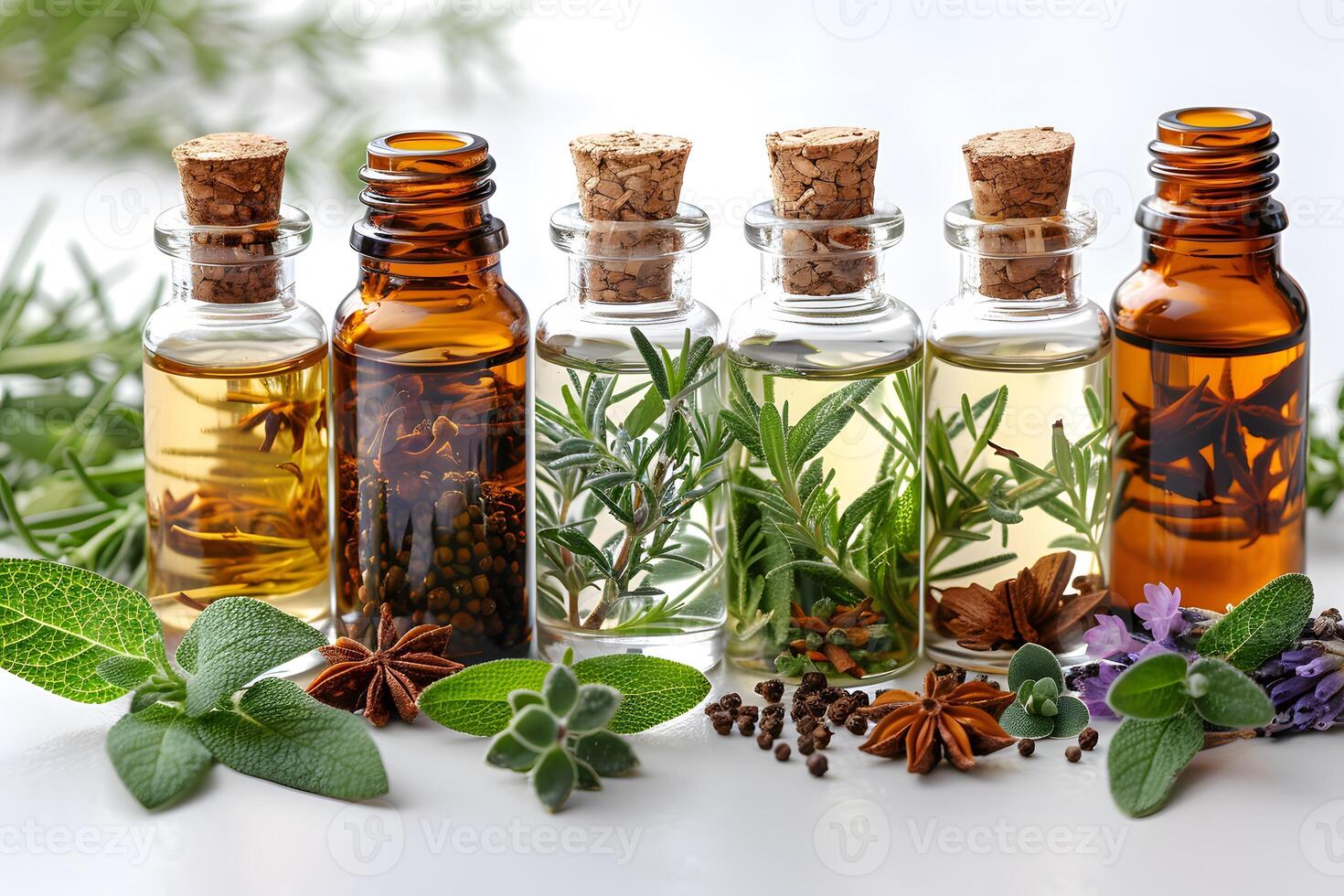Herbal Essential Oils in Glass Bottles with Cork Stoppers and Fresh Herbs for Aromatherapy and Natural Healing photo
