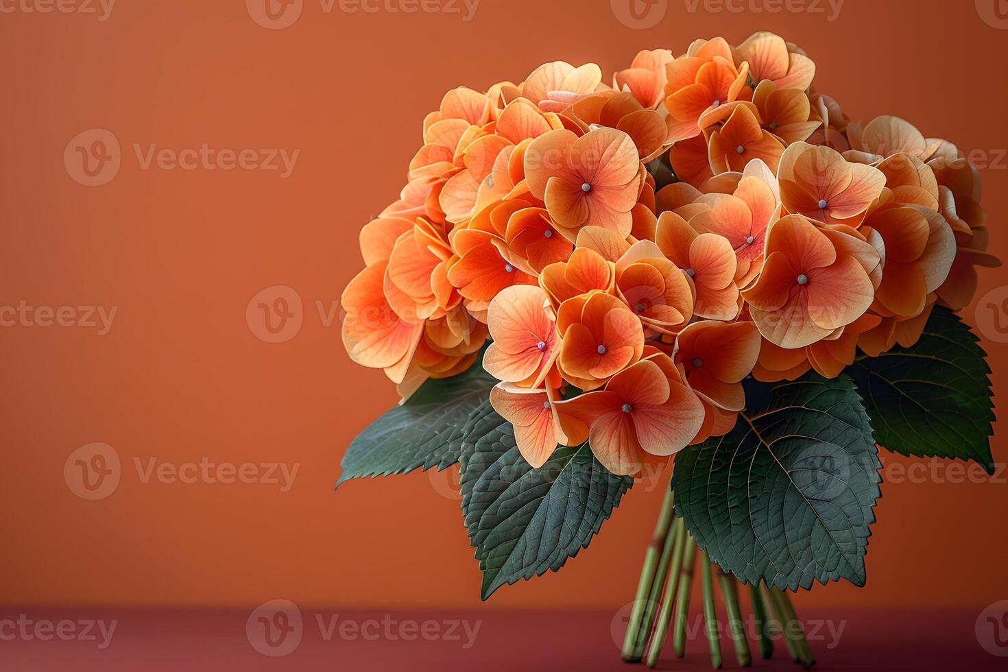 Elegant Orange Hydrangea Bouquet with Green Leaves against a Burnt Orange Background for Floral Design and Home Decor photo