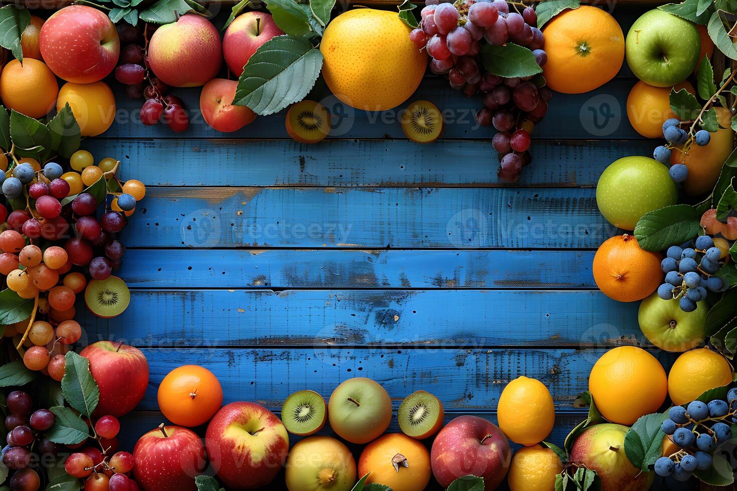 Fresh Fruits Arrangement on Rustic Blue Wooden Table Vibrant Food Background for Posters, Cards, and Kitchen Decor photo