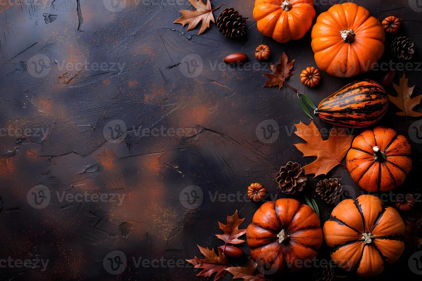Autumn Harvest Rustic Pumpkin and Pine Cone Arrangement for Thanksgiving Decor Background photo