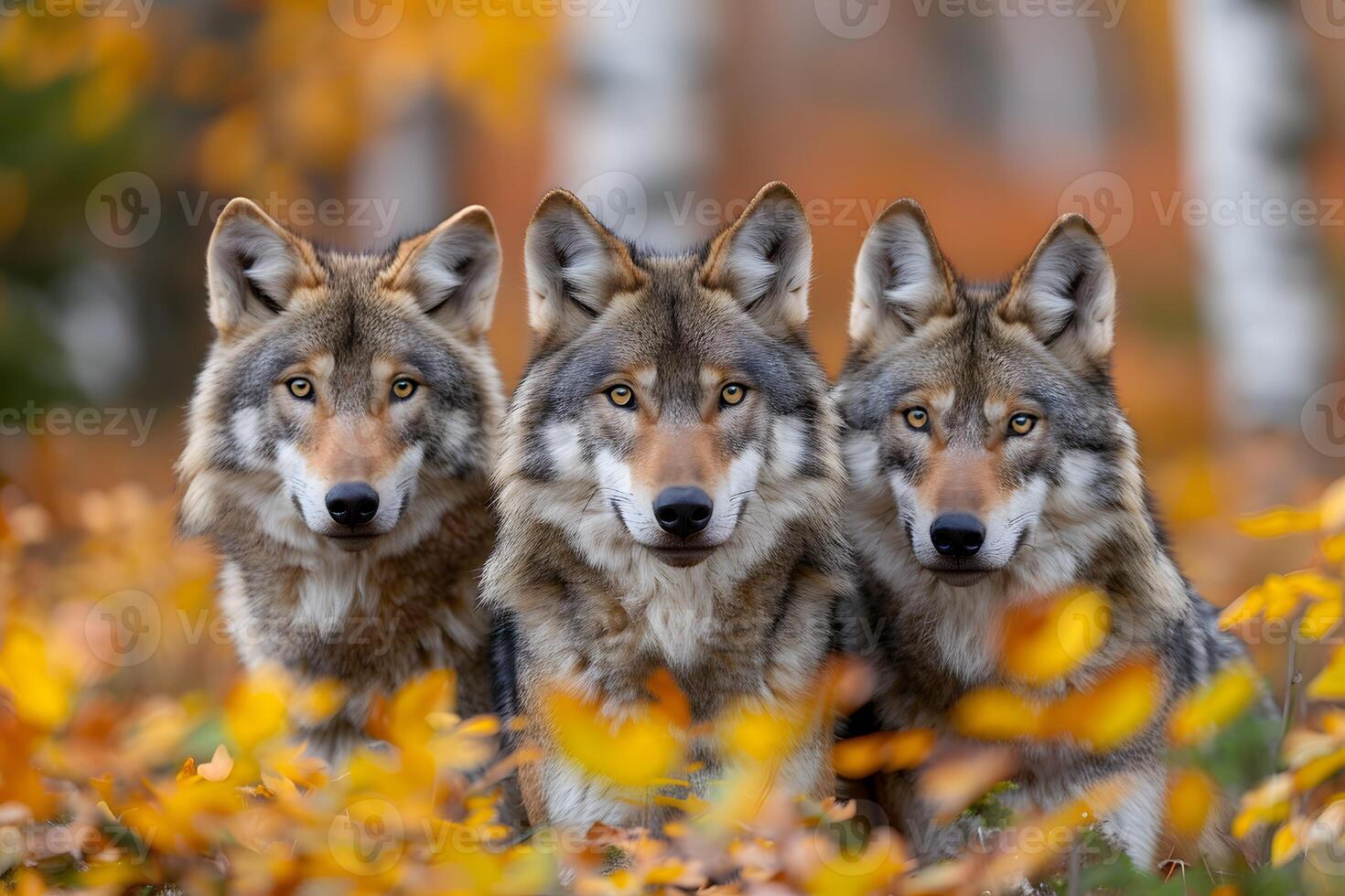 Three Wolves in Autumn Forest Wildlife Photography for Nature Enthusiasts photo