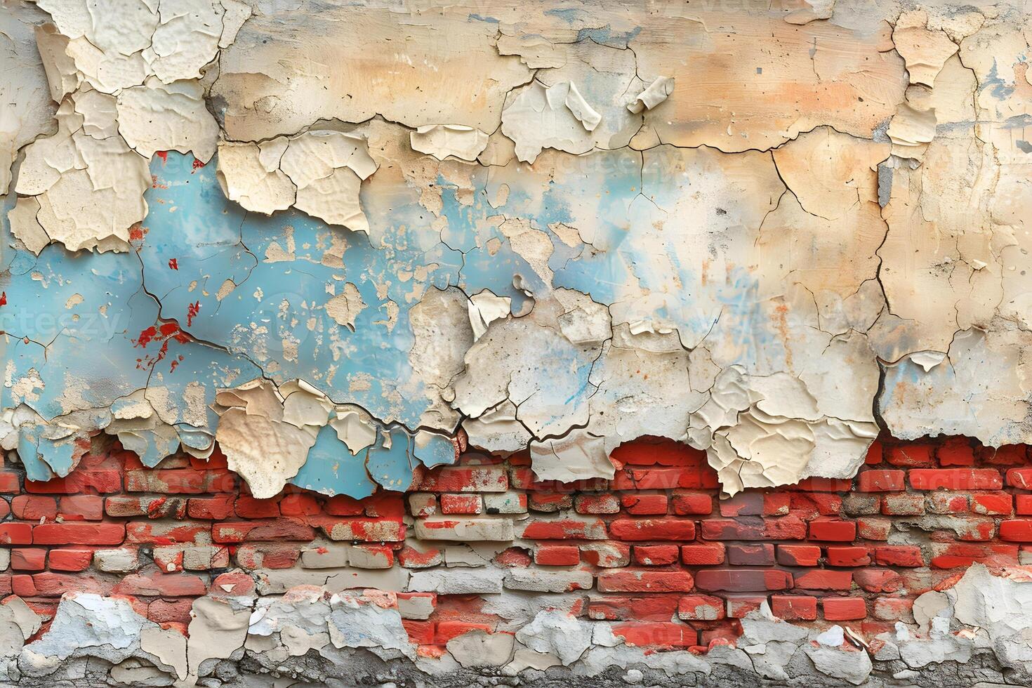 Weathered Brick Wall with Peeling Paint - Texture for Design, Background for Art Projects photo