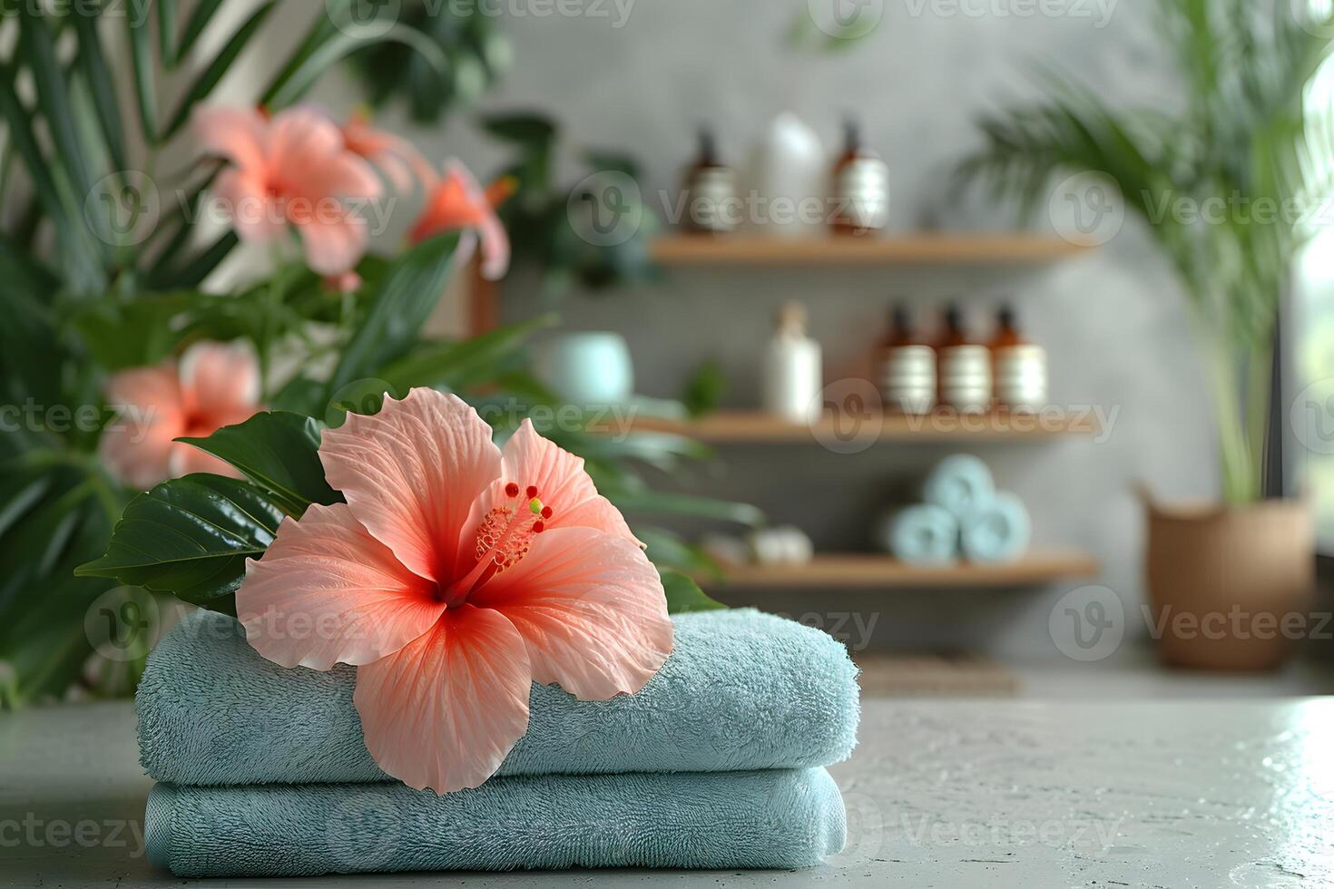 Tropical Spa Setting with Pink Hibiscus Flower and Towels - Relaxation and Wellness Concept photo