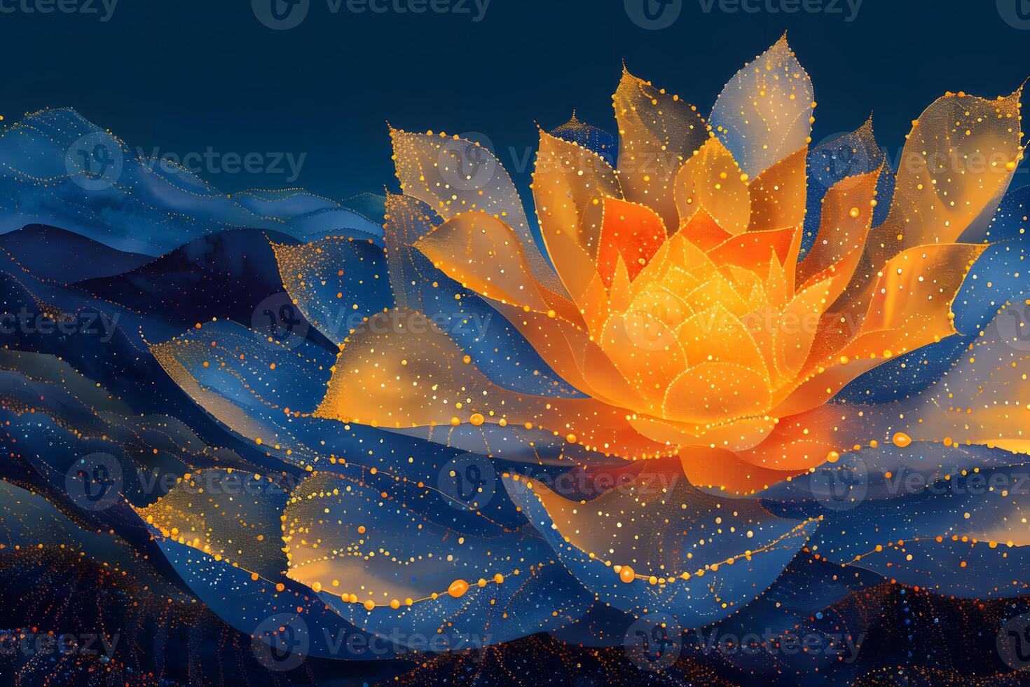 Golden Lotus Flower Illuminated Art for Meditation Posters, Nature-Themed Designs, and Tranquil Decor photo