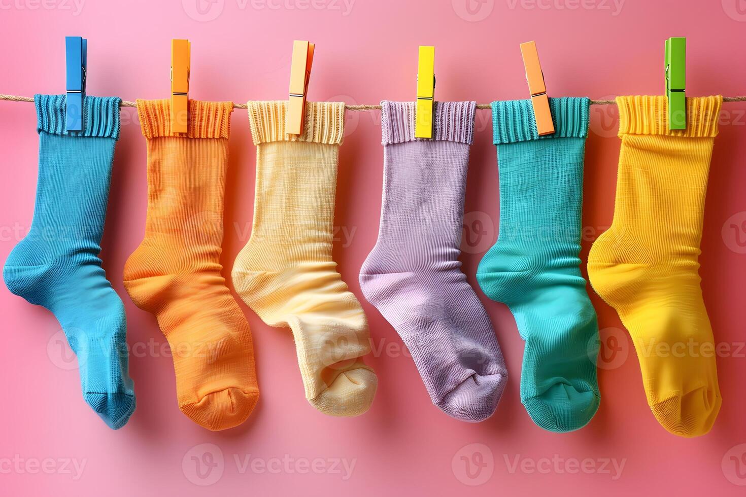 Colorful Socks Hanging on a Line with Clothespins, Vibrant Laundry Concept for Home Decor photo