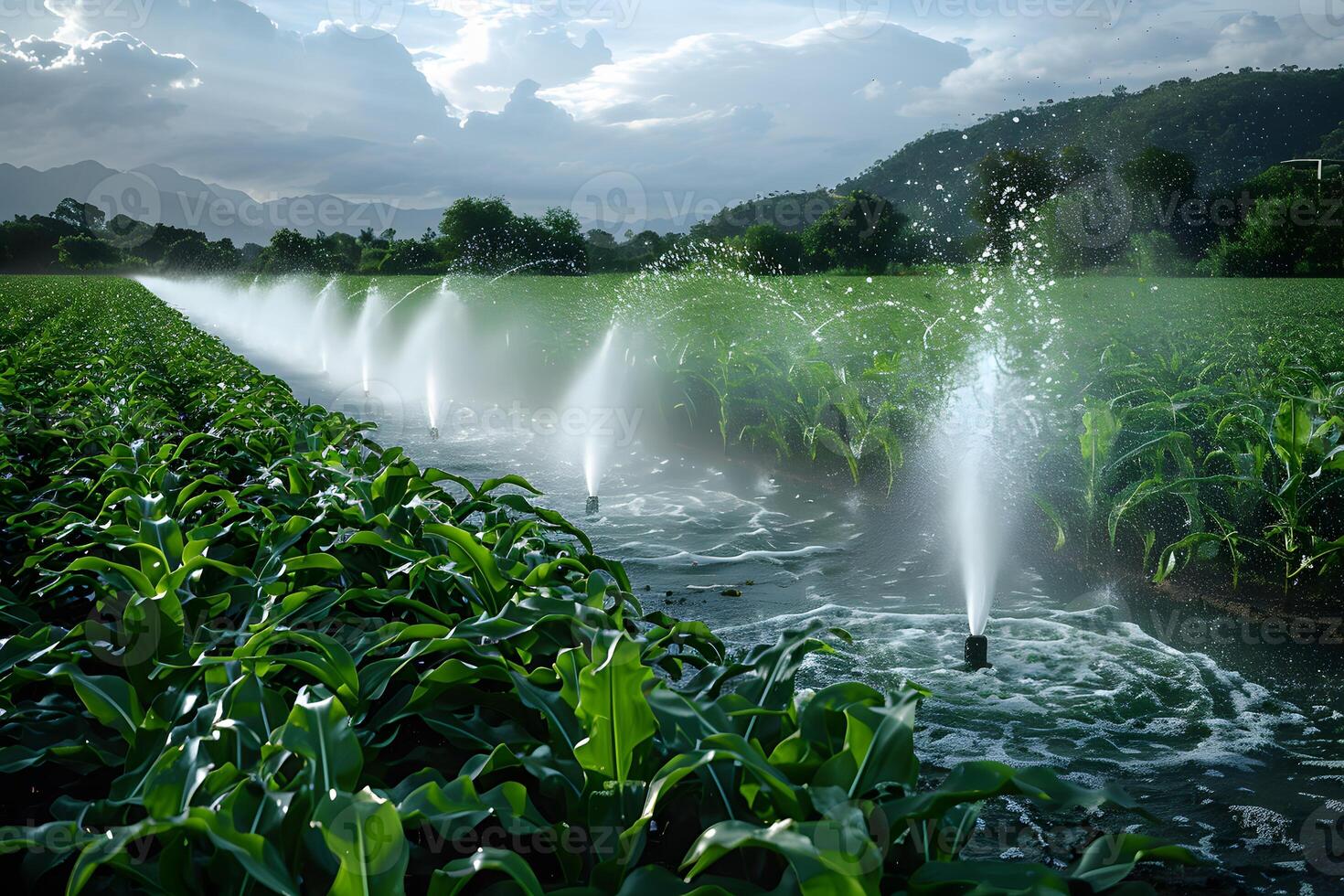 Agricultural Irrigation System in Cornfield at Sunset for Sustainable Farming and Efficient Water Use photo