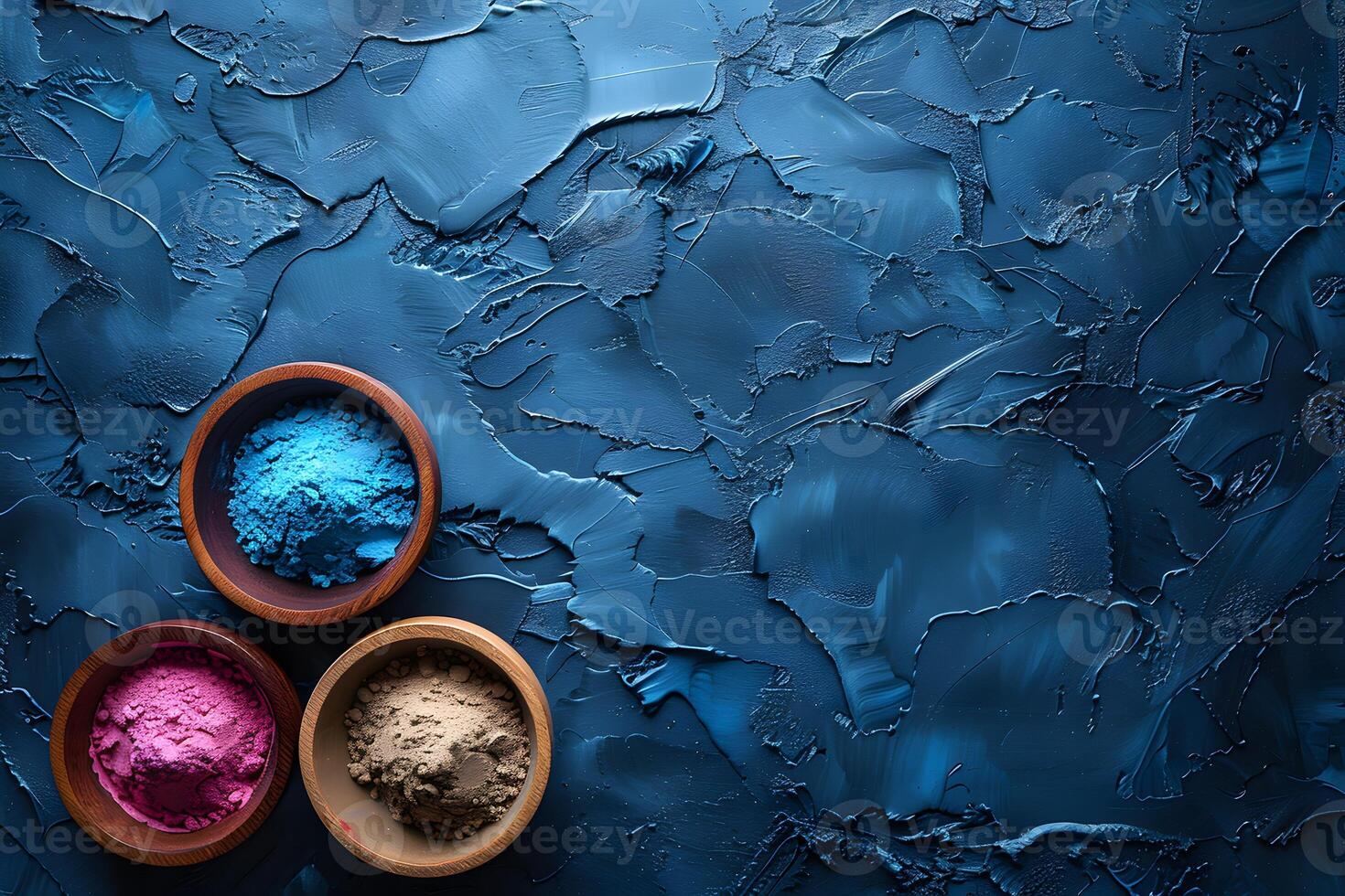 Vibrant Pigments in Bowls on Textured Blue Background for Artistic Designs and Creative Projects photo