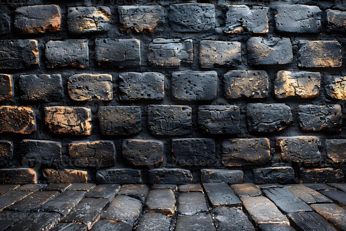 Old Weathered Brick Wall and Floor with Dark Rustic Stones for Vintage Design photo