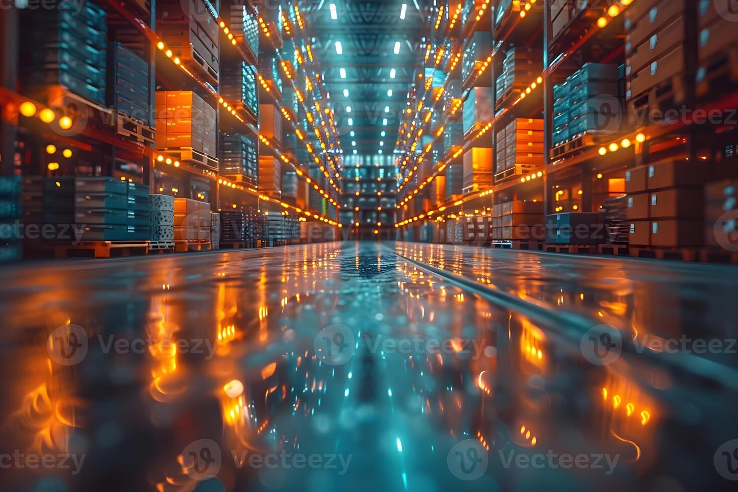 Modern Warehouse with Automated Storage Systems and Illuminated Shelves for Efficient Logistics Management photo