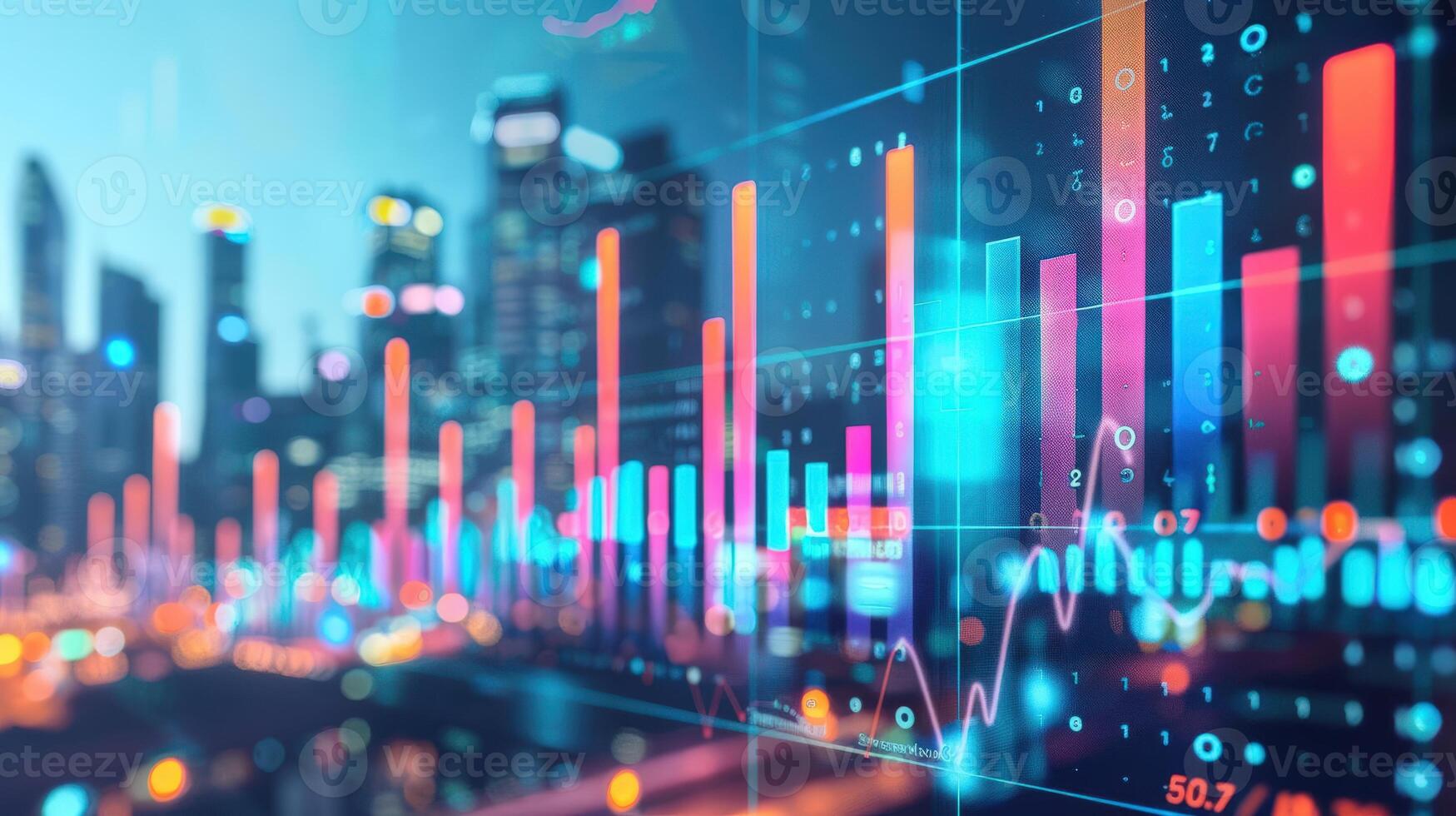 Digital Screen with Bar Graph, City Skyline, Analytics, Business Growth Metrics. Illustration photo
