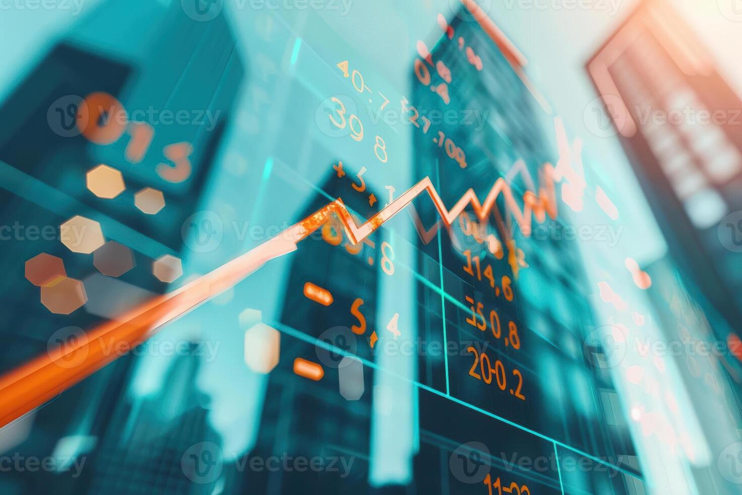 Graph with upward arrow and skyscrapers in the background, progress, corporate growth. Illustration photo