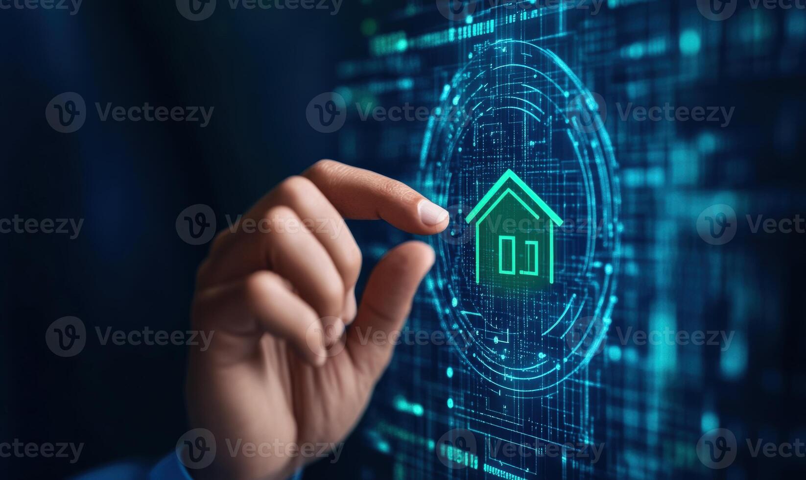 Hand interacting with a digital home icon on a futuristic screen, representing smart home technology and innovation. photo