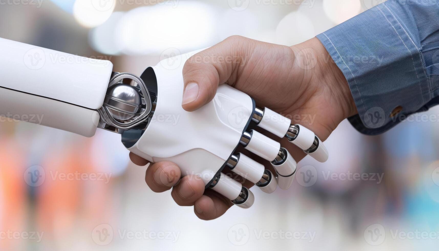 Robotic hand shaking hands with a human hand, collaboration, technological innovation. Illustration photo