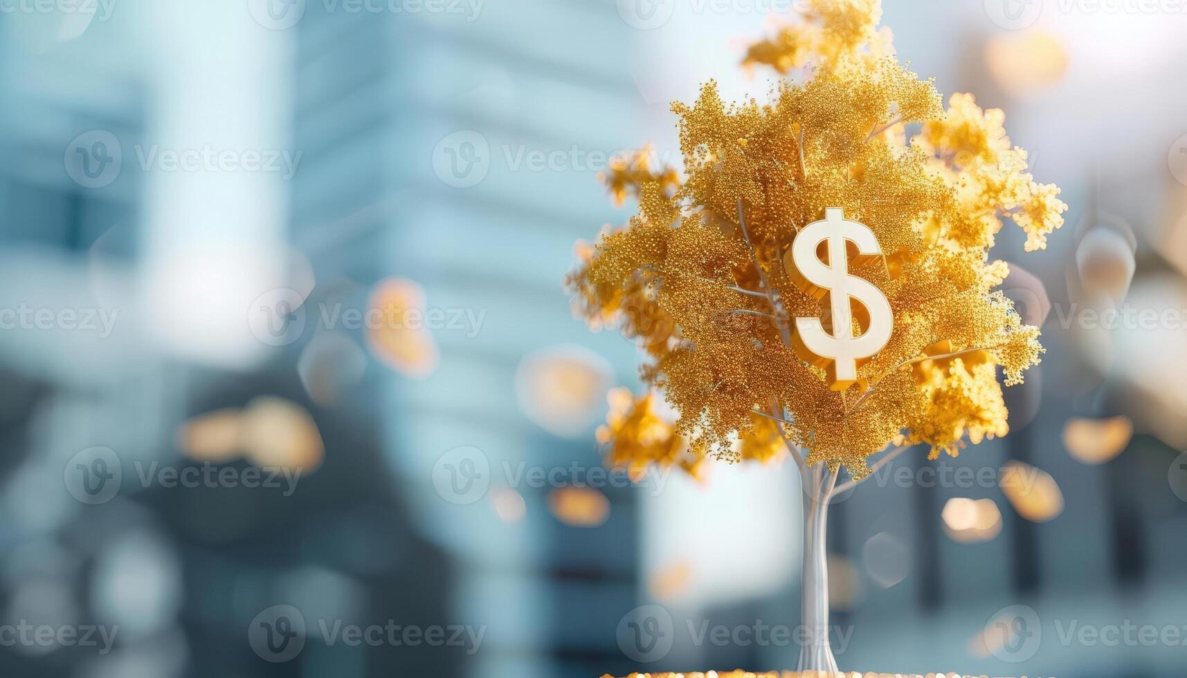 Golden tree with dollar sign leaves growing in urban environment, wealth, financial growth. Illustration photo