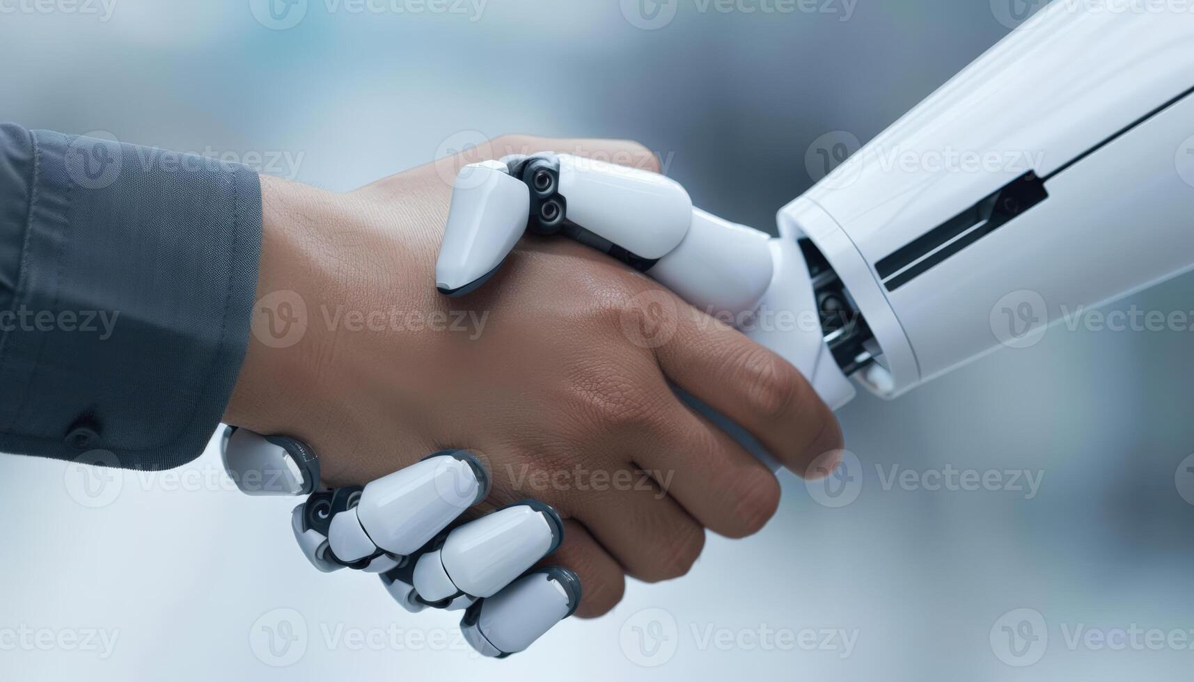 Robotic hand shaking hands with a human hand, collaboration, technological innovation. Illustration photo