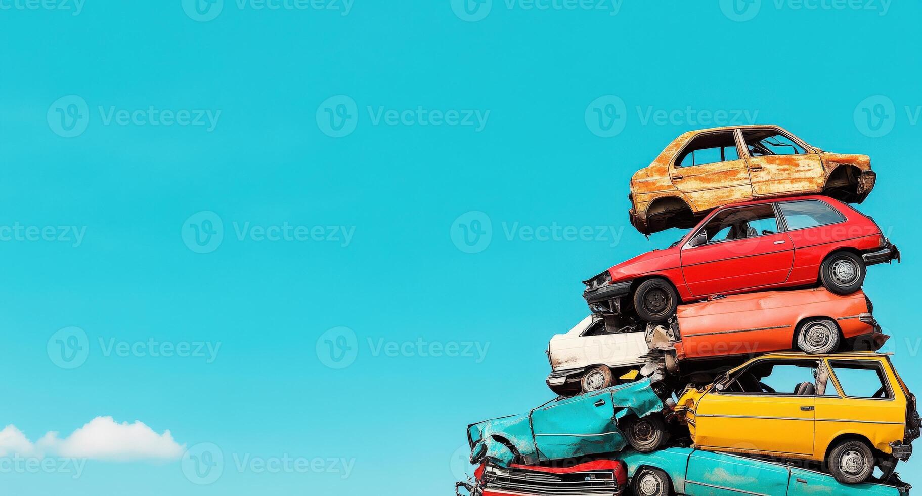 A vibrant stack of colorful abandoned cars against a clear blue sky, showcasing urban decay and creativity in art. photo