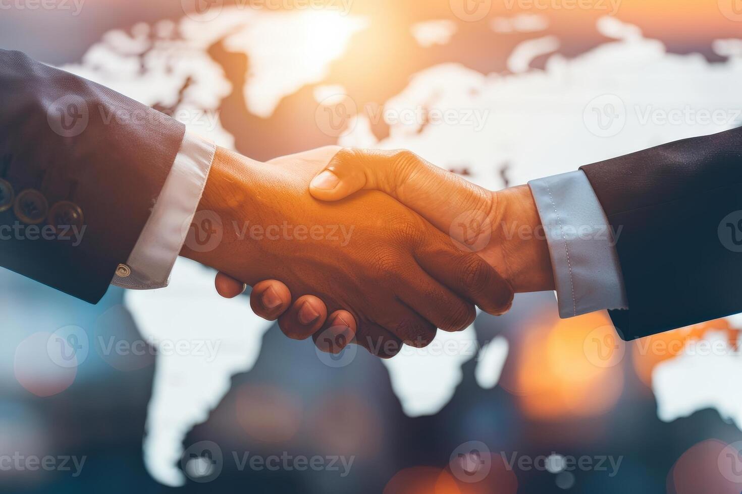 Two businesspeople shaking hands with a world map in the background, partnership, global business collaboration. Illustration photo