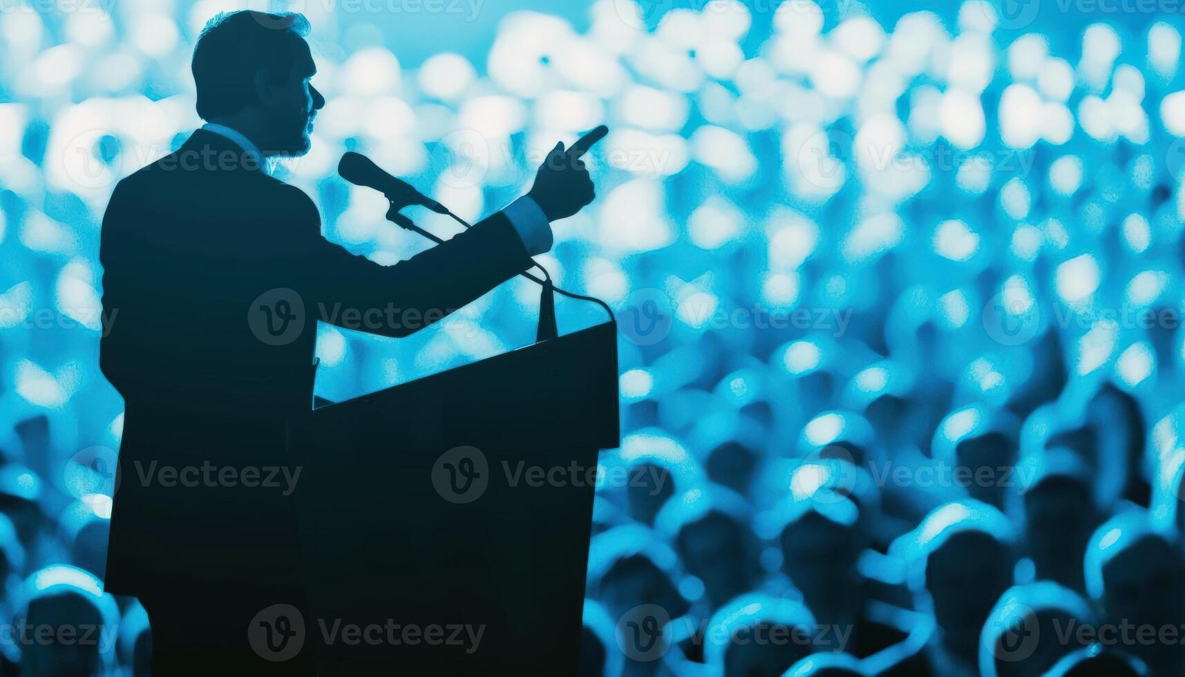 Silhouette of Leader Speaking at Podium with Abstract Audience, Influence, Leadership. Illustration photo