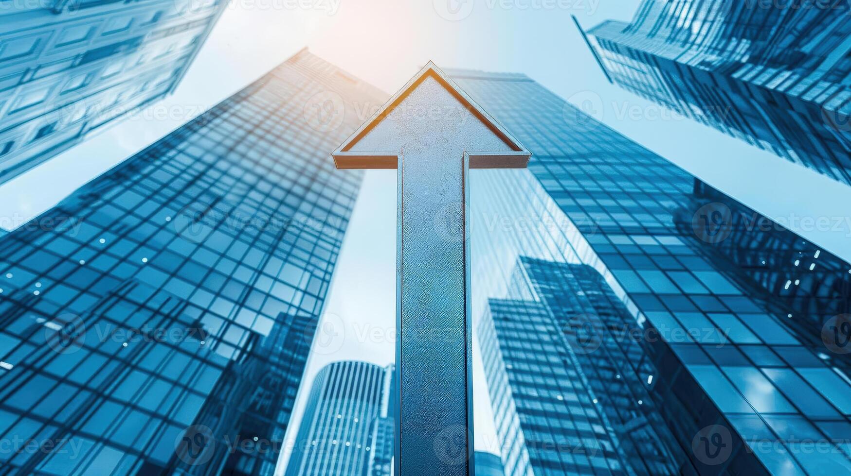Graph with upward arrow and skyscrapers in the background, progress, corporate growth. Illustration photo
