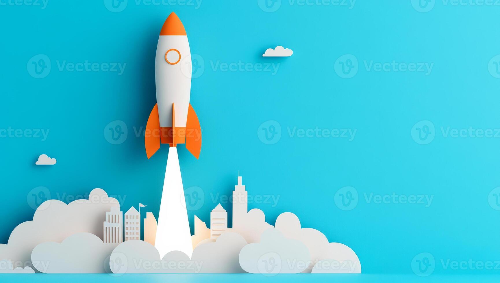A vibrant rocket launching over a city skyline, symbolizing innovation, progress, and aspirations in a dynamic environment. photo