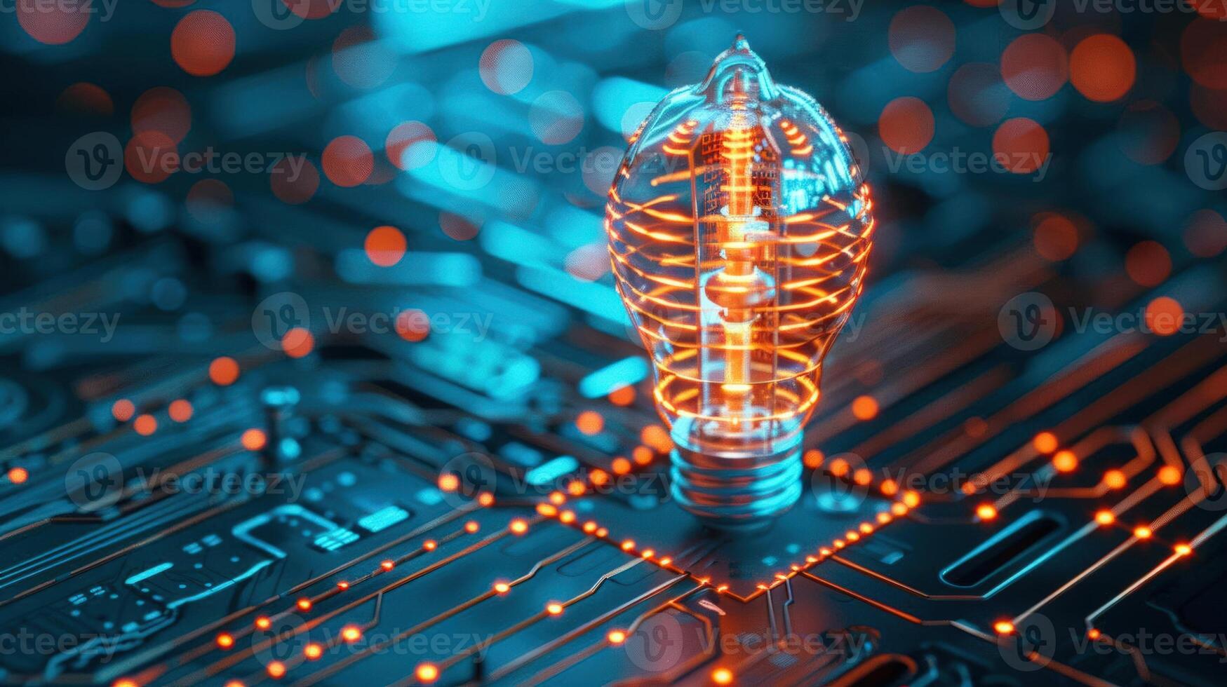Digital gears and circuit board forming a lightbulb, technology, innovative business solutions. Illustration photo