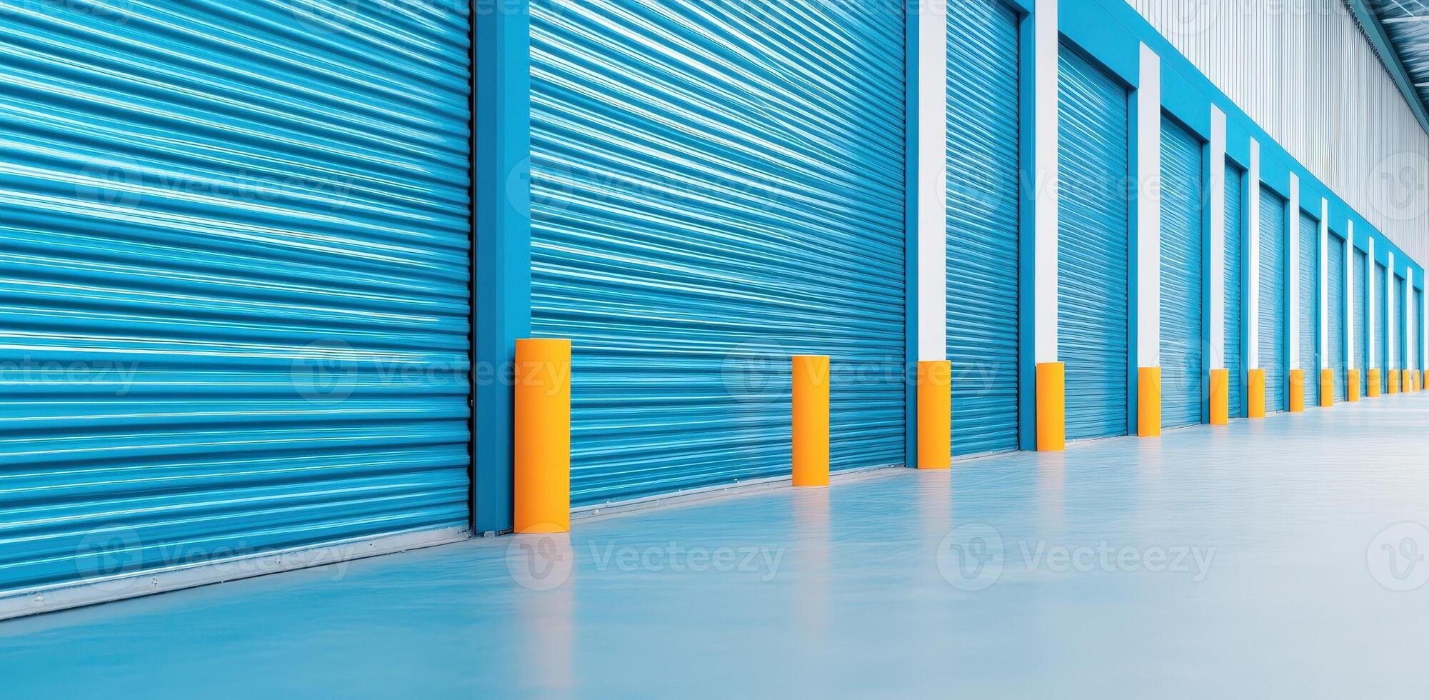 Bright and modern storage facility with blue rolling doors and yellow safety posts, ideal for various storage needs. photo